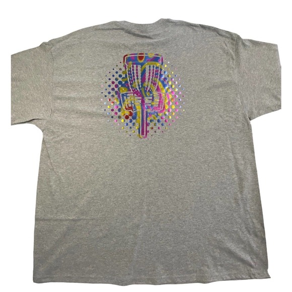 Disc Golf Shirt RAINBOW HOLOGRAPHIC BASKET Logo 2XL Graphic T-Shirt Gildan Grey - Picture 8 of 9